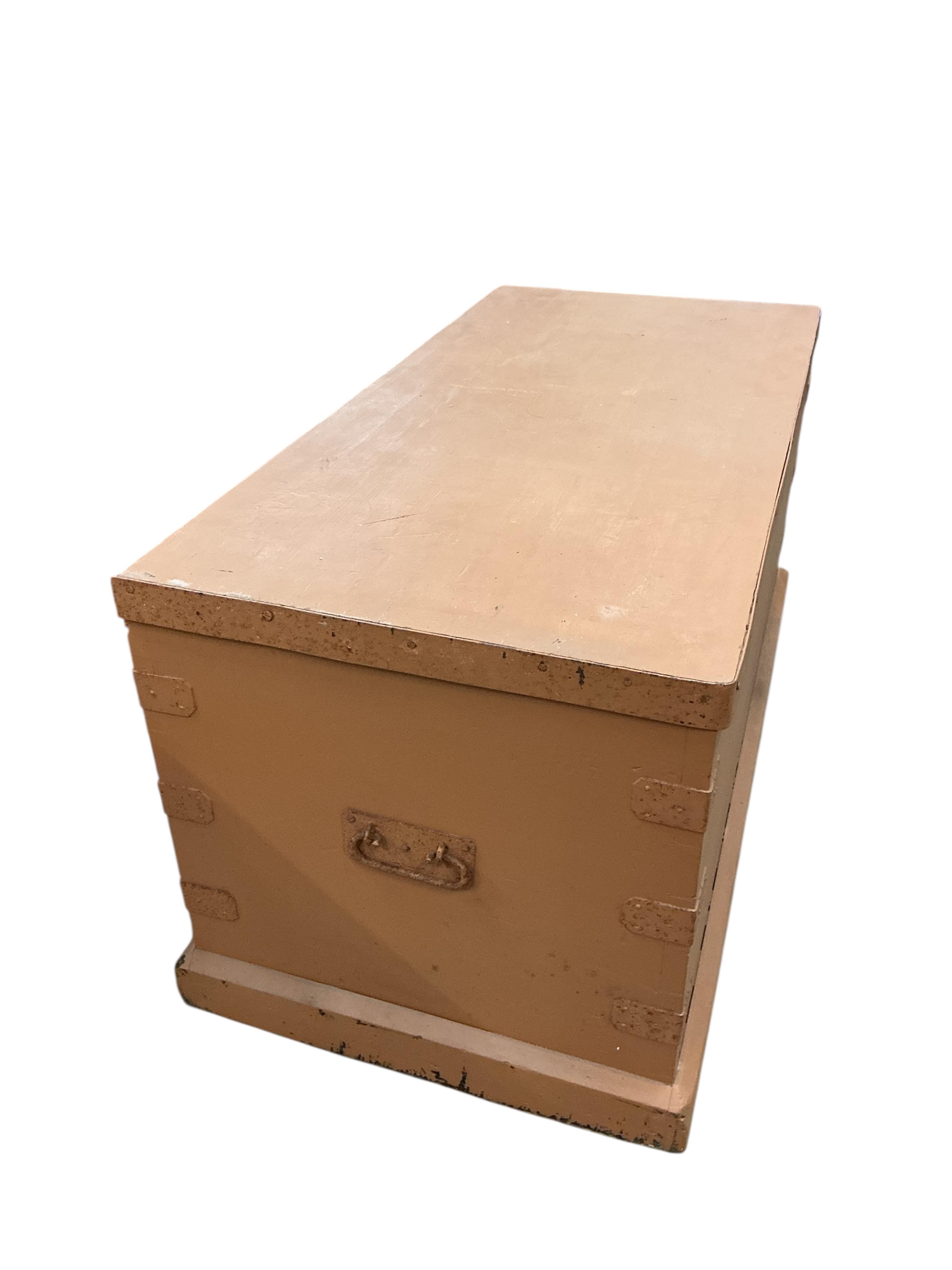 A Victorian iron bound pine trunk, later painted, width 117cm, depth 56cm, height 58cm